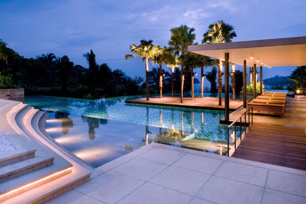 Luxury real estate at sunset.