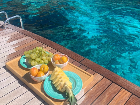 Charter yacht Fjord 36 Titan bathing platform with fruits.