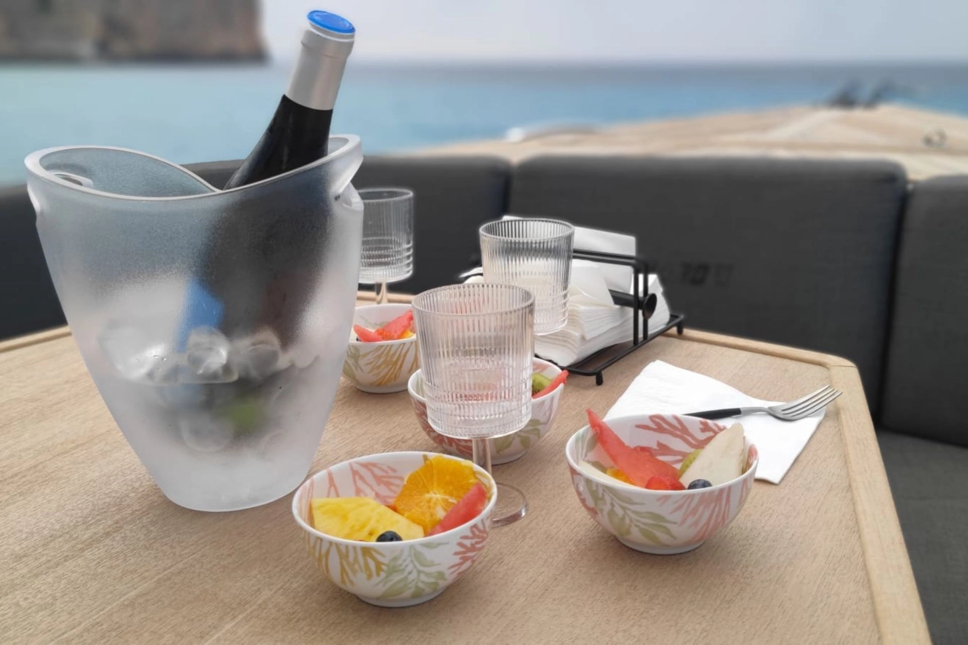 Charter yacht Fjord 36 Titan snacks and wine.