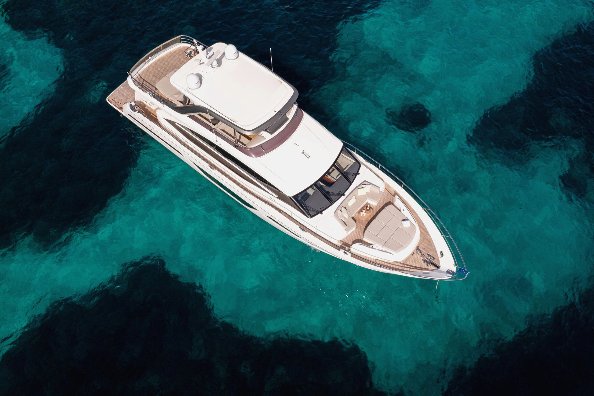 Aerial view of motor yacht Princess Y78 Mid Barco in Mallorca.