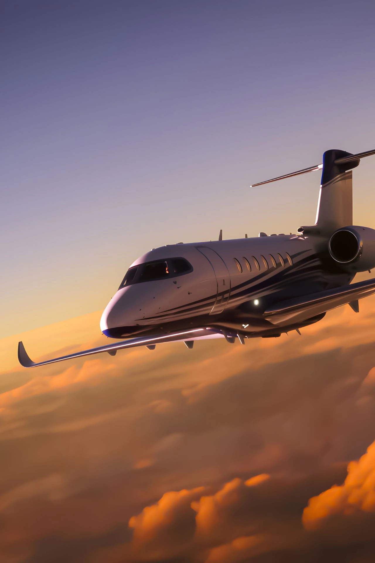 Private jet flying at sunset.