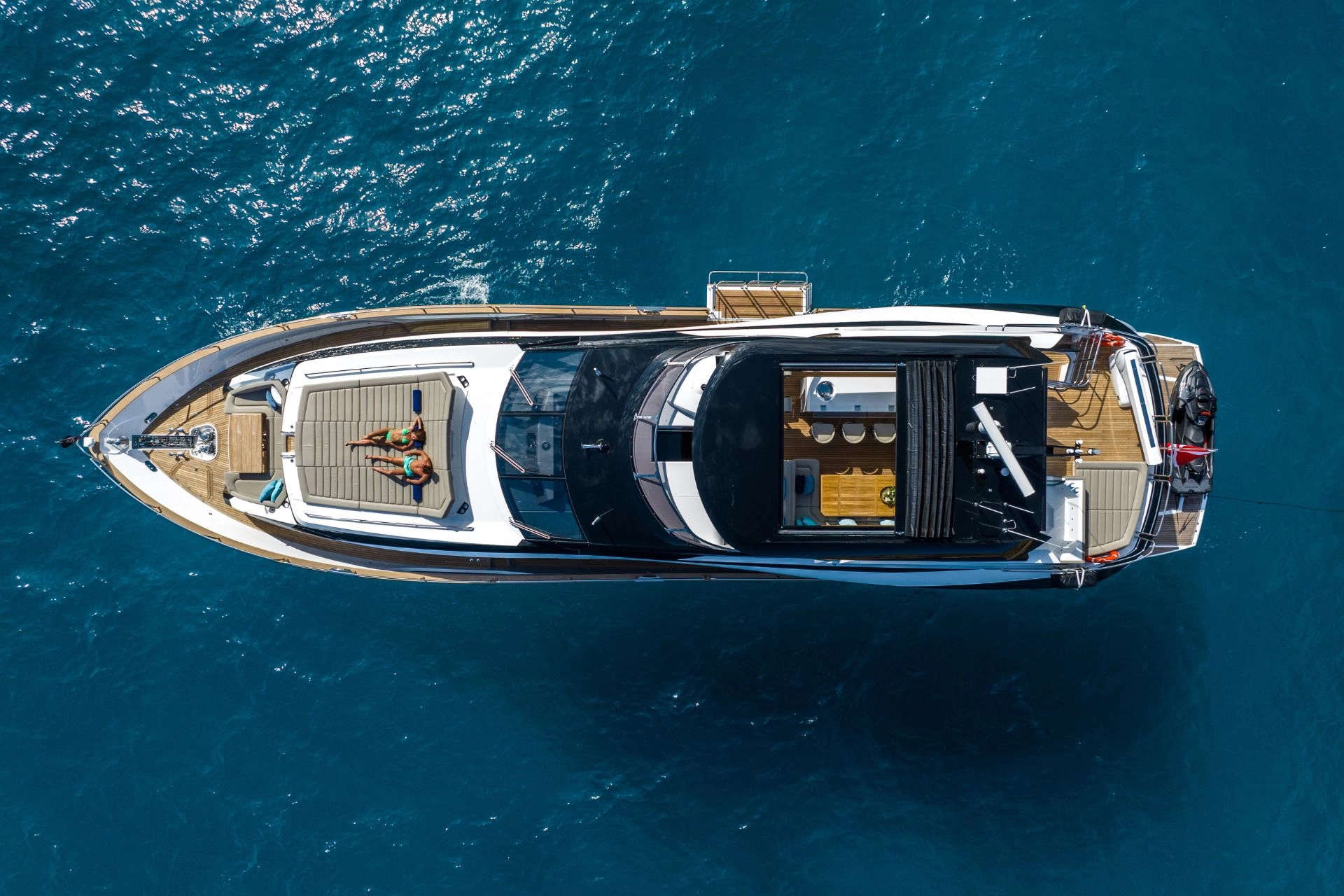 Aerial view of charter yacht Sunseeker 95 Blue Infinity One in the Mediterranean.