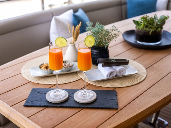 Breakfast aboard charter yacht Sunseeker 95 High Energy.