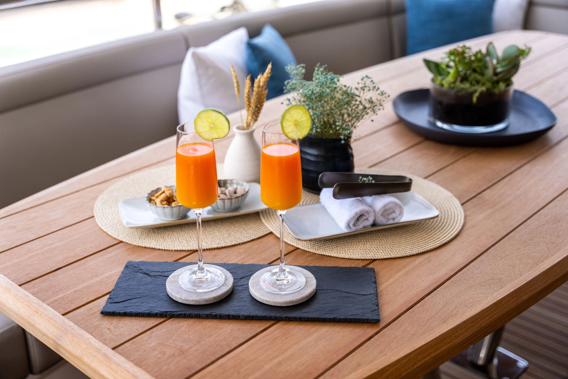 Breakfast aboard charter yacht Sunseeker 95 High Energy.