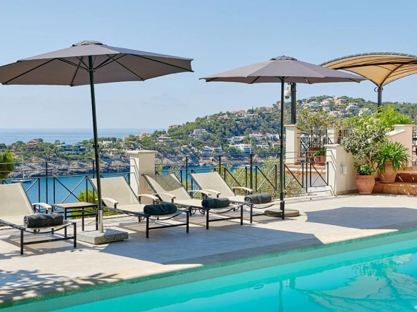 Pool and view of Top of the Ocean property in Port d'Andratx in Mallorca.