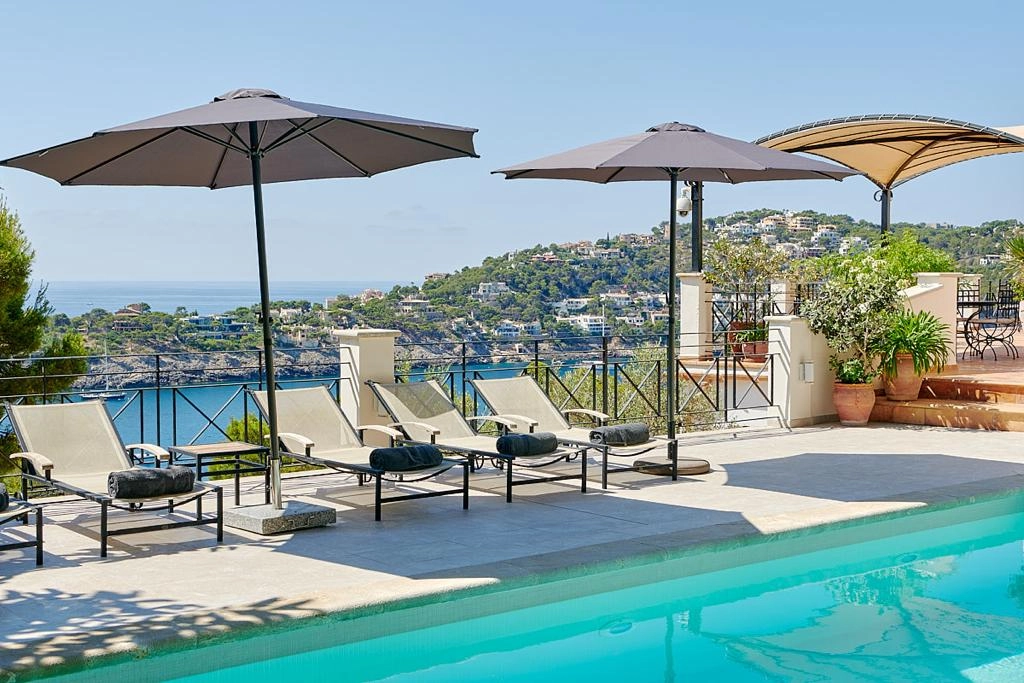 Pool and view of Top of the Ocean property in Port d'Andratx in Mallorca.