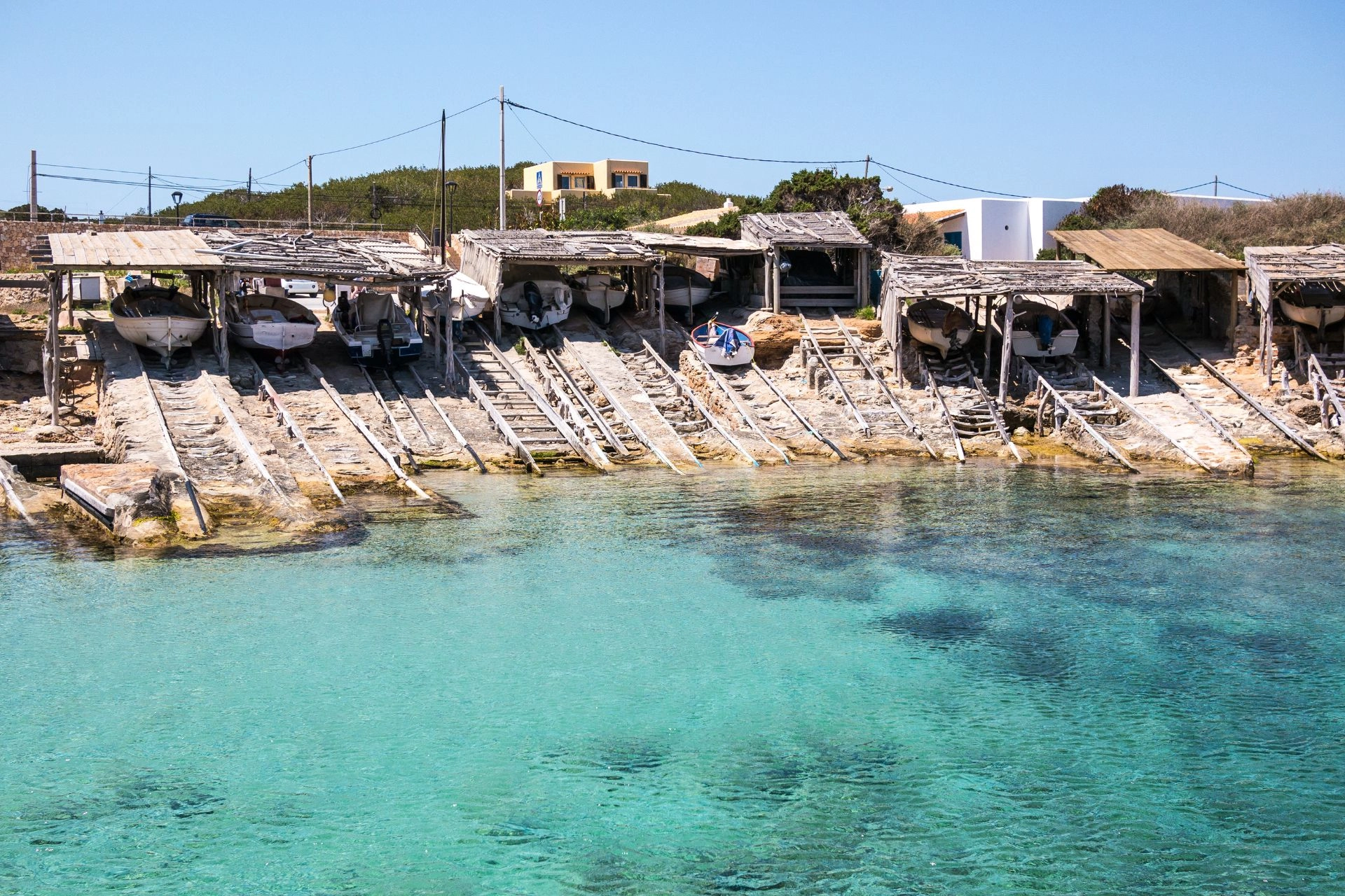 Boathouses in Es Calo in Formentera.