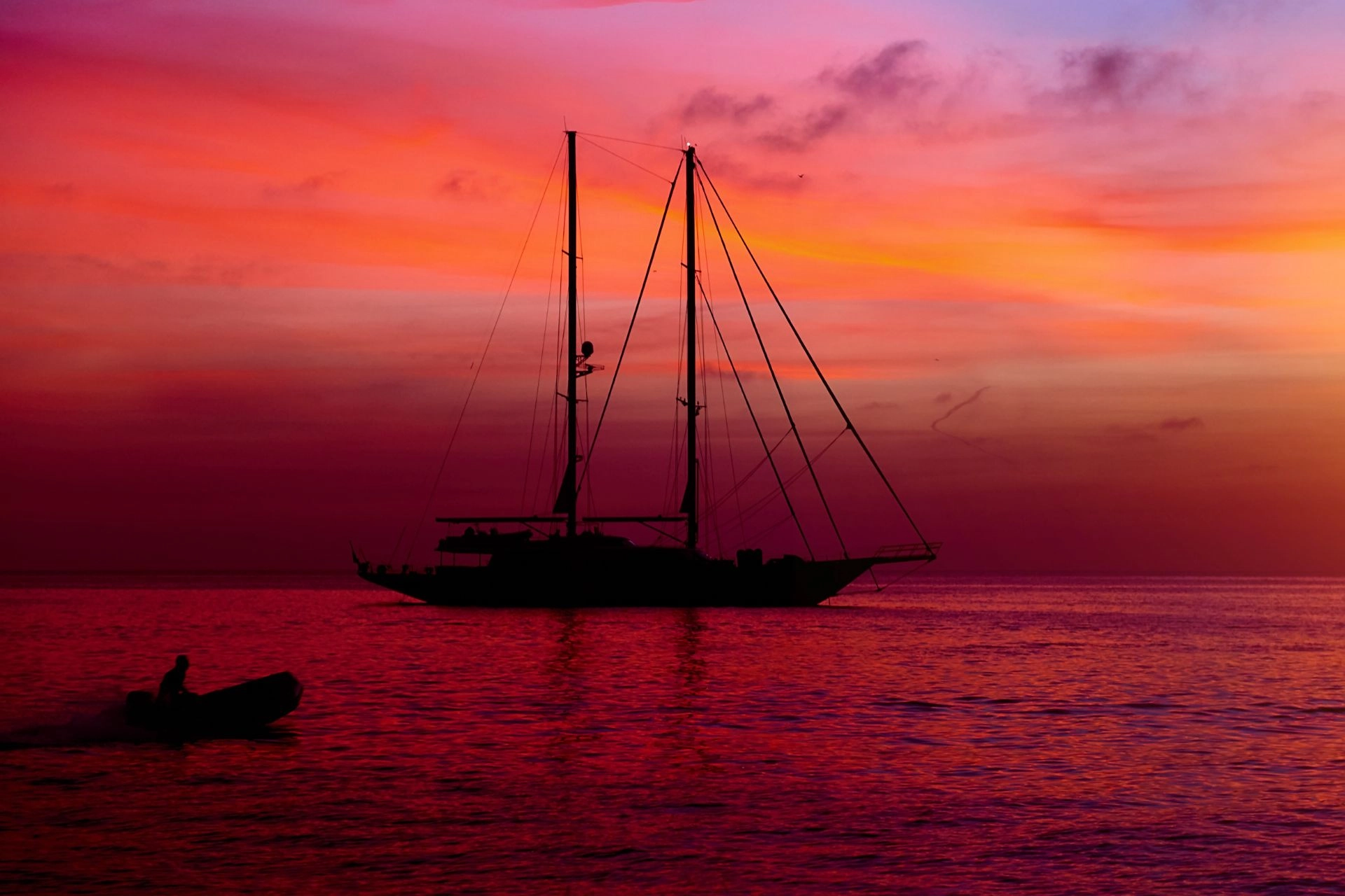 Sailing yacht at sunset in Formentera.