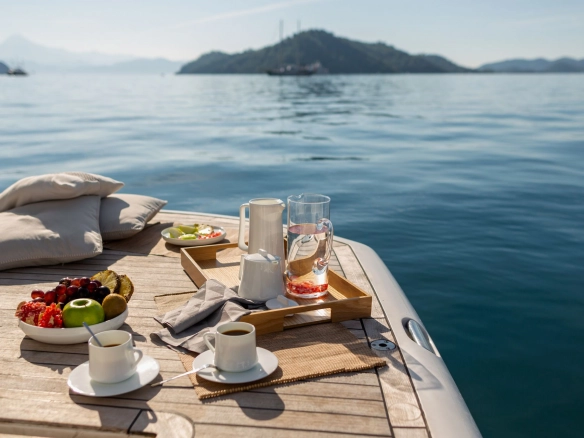 Breakfast on yacht bathing platform.