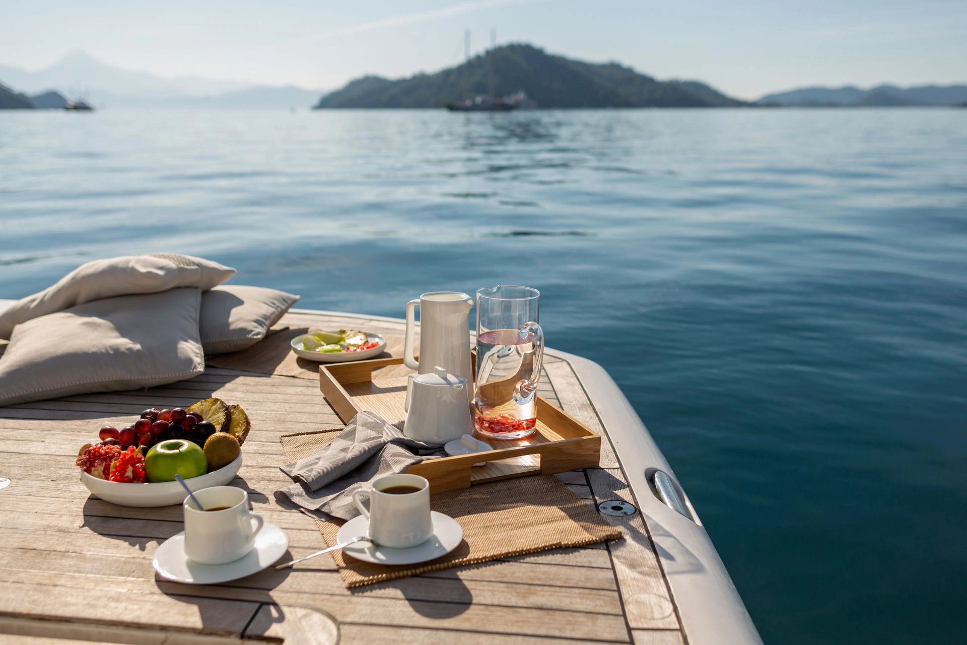 Breakfast on yacht bathing platform.