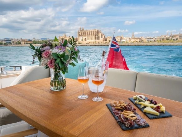 Alfresco dining on charter yacht Princess 68 Zen in Mallorca.