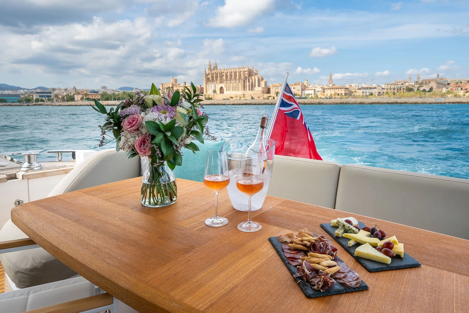 Alfresco dining on charter yacht Princess 68 Zen in Mallorca.