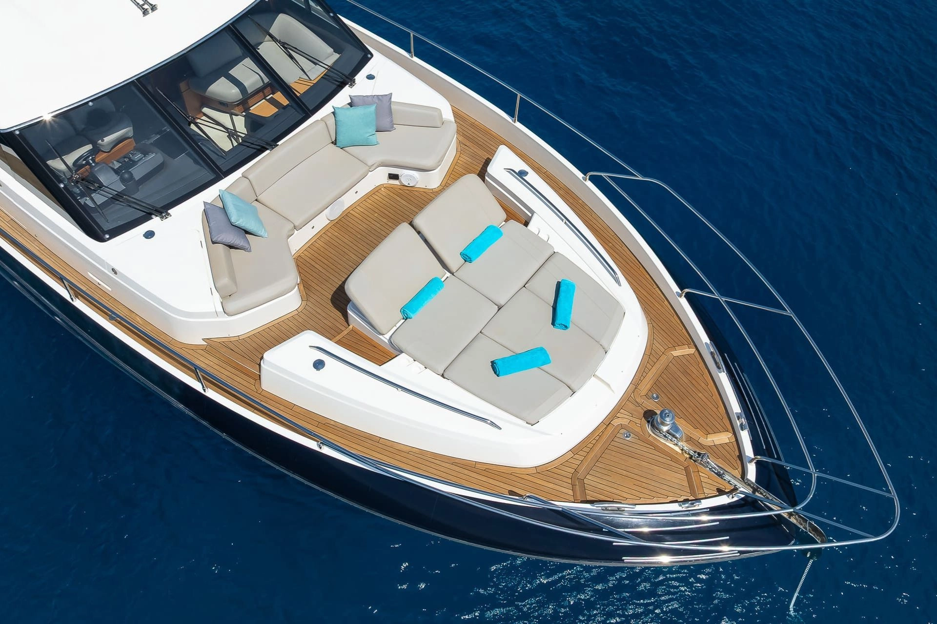 Bow of charter yacht Princess 68 Zen in Mallorca.
