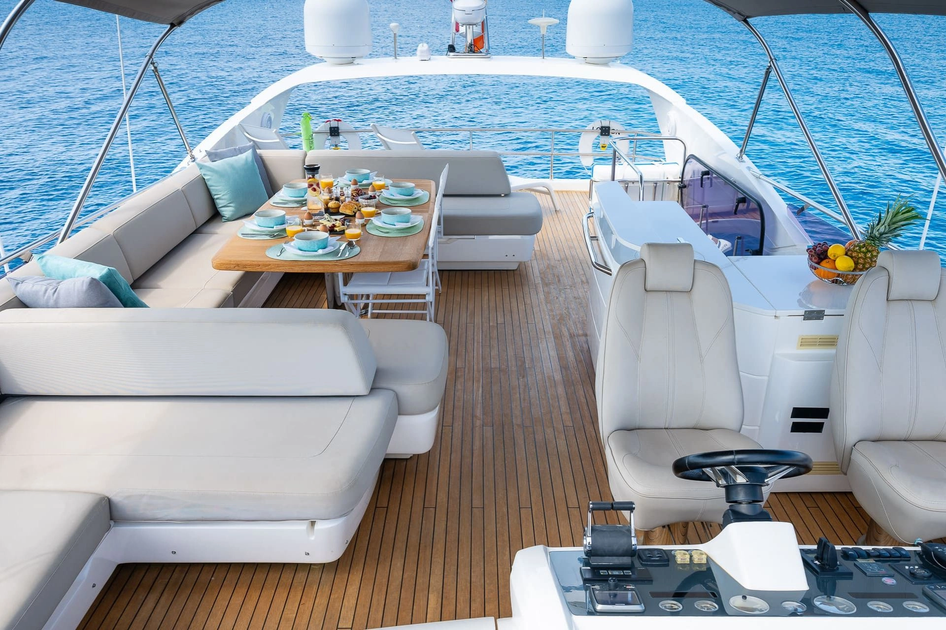 Flybridge of charter yacht Princess 68 Zen in Mallorca.