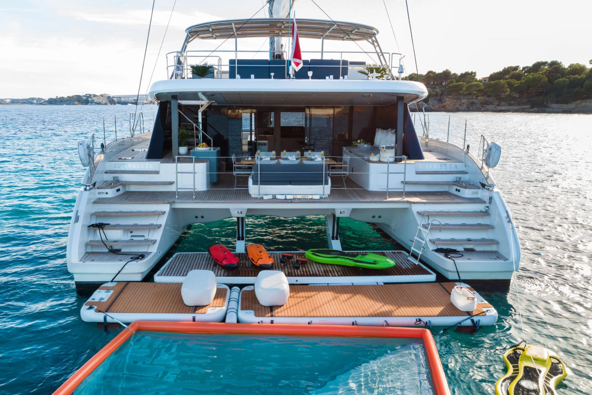 Bathing platform and water toys of of sailing catamaran Sunreef 60 Sunbreeze.