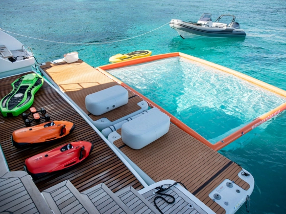 Bathing platform and water toys of of sailing catamaran Sunreef 60 Sunbreeze.