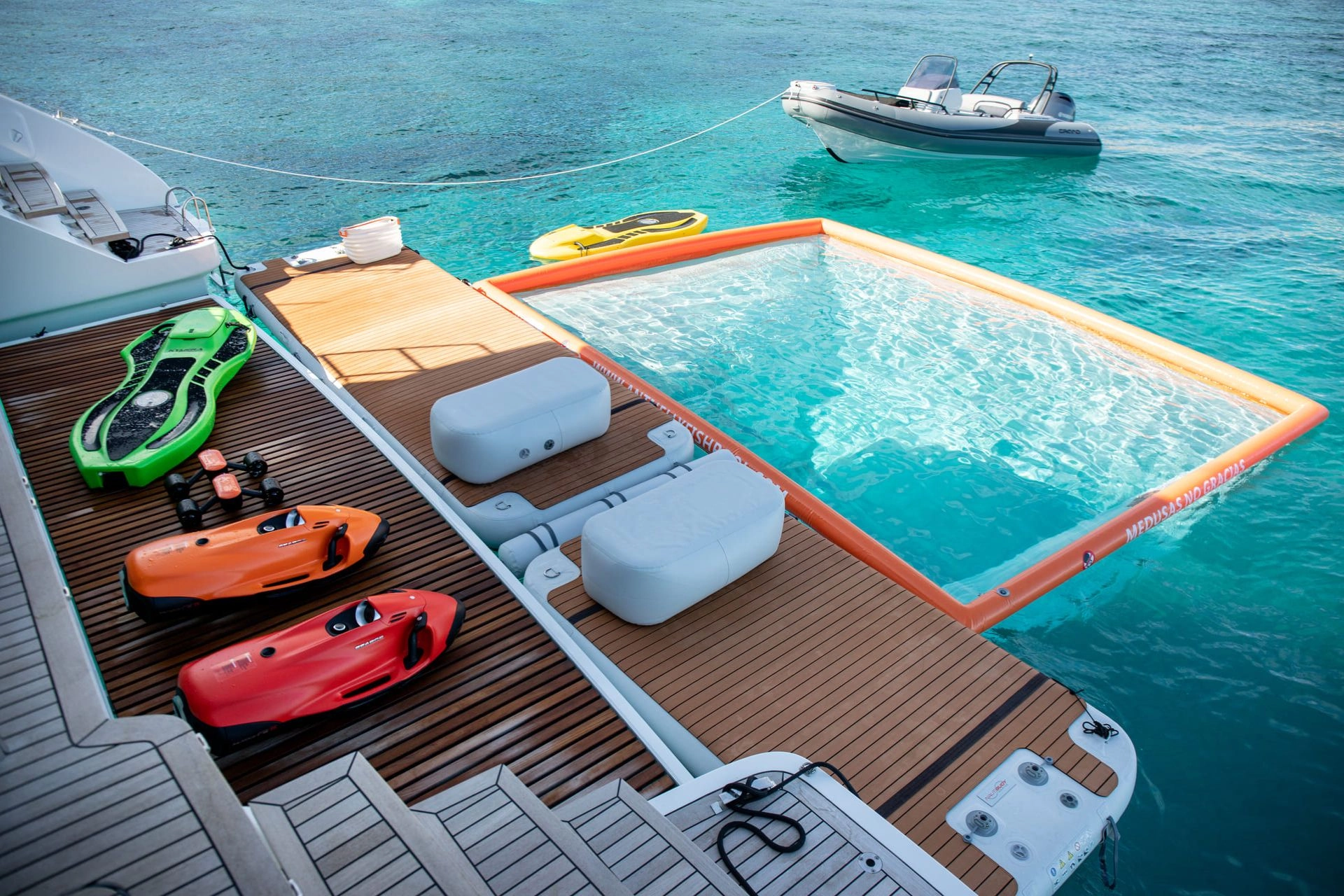 Bathing platform and water toys of of sailing catamaran Sunreef 60 Sunbreeze.