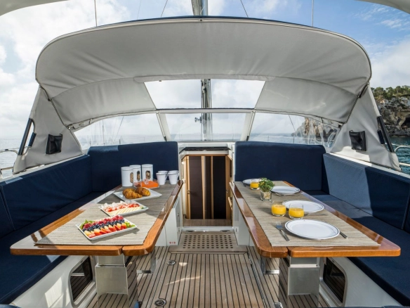 Deck of sailing yacht Jeanneau 64 Thea.