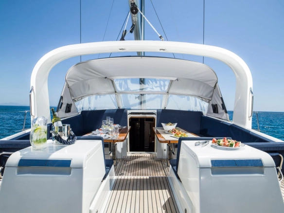 Deck of sailing yacht Jeanneau 64 Thea.