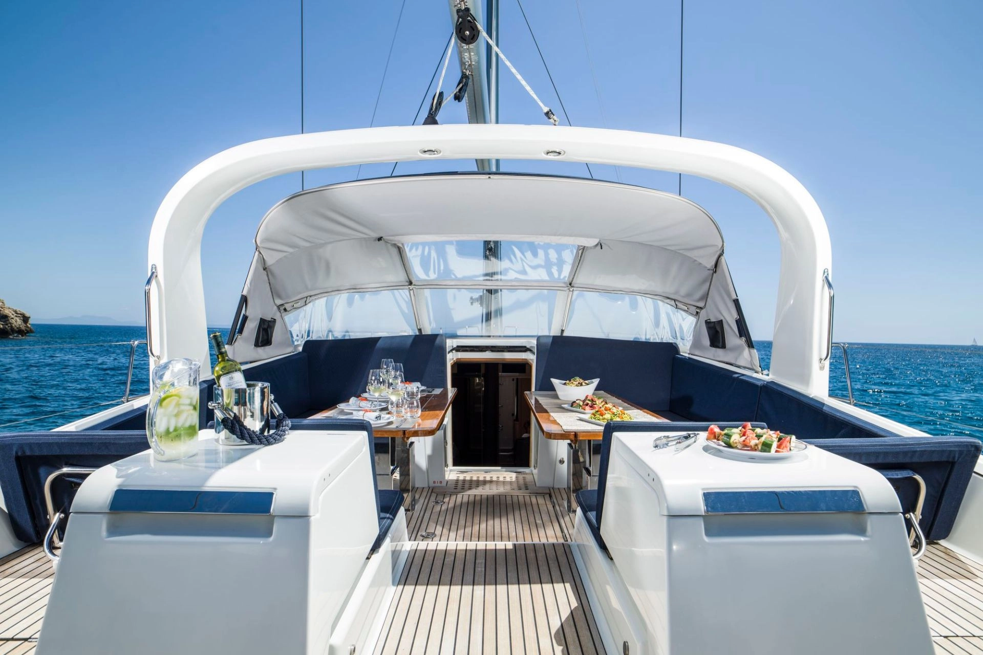 Deck of sailing yacht Jeanneau 64 Thea.