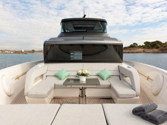 Stern lounge of of charter yacht Sanlorenzo SX76 Cloud IX in Mallorca.