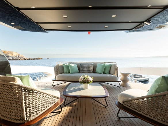 Deck lounge of charter yacht Sanlorenzo SX76 Cloud IX in Mallorca.
