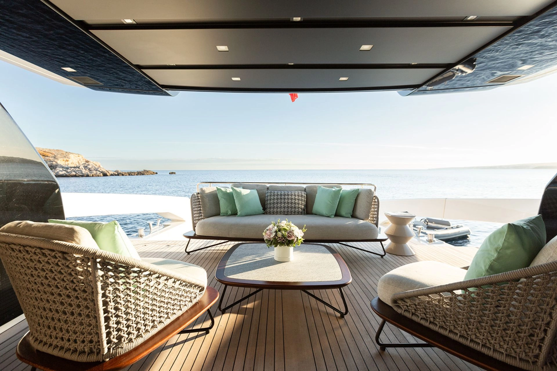 Deck lounge of charter yacht Sanlorenzo SX76 Cloud IX in Mallorca.