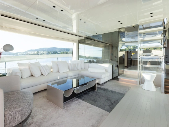 Interior salon of charter yacht Sanlorenzo SX76 Cloud IX in Mallorca.