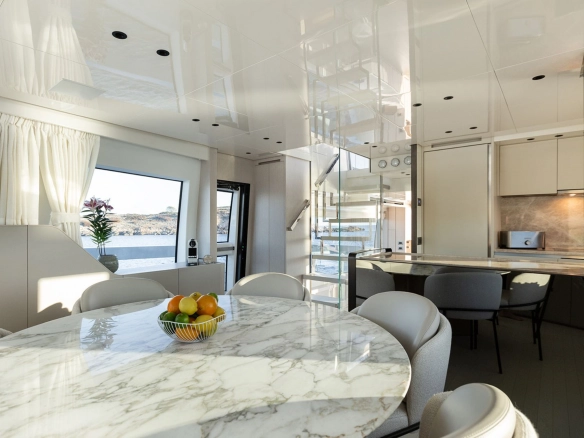 Dining area of charter yacht Sanlorenzo SX76 Cloud IX in Mallorca.