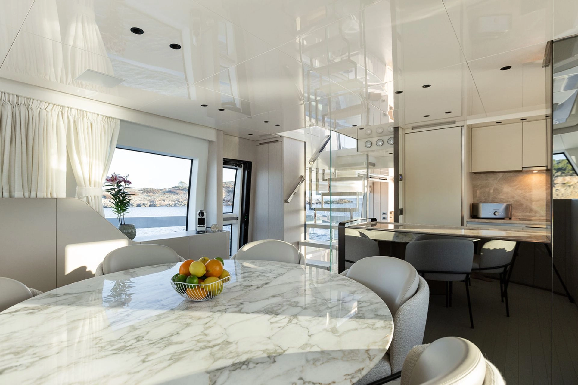 Dining area of charter yacht Sanlorenzo SX76 Cloud IX in Mallorca.