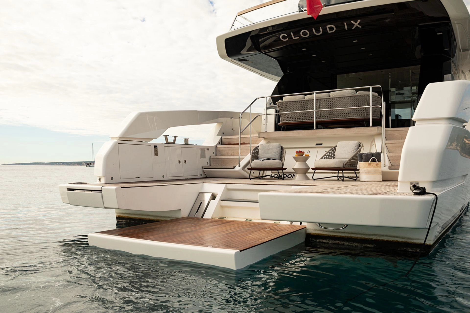 Bathing platform of charter yacht Sanlorenzo SX76 Cloud IX in Mallorca.