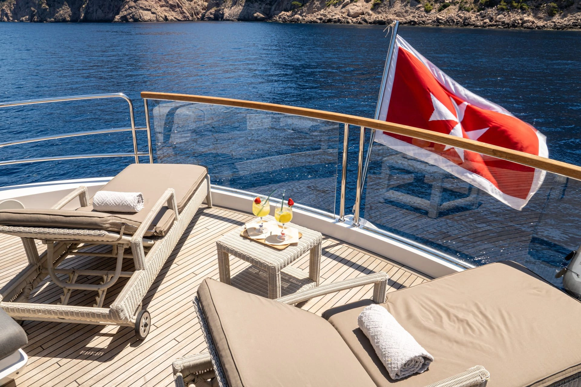 Sunbeds on charter yacht Sunseeker 88 Moonlight in Mallorca.