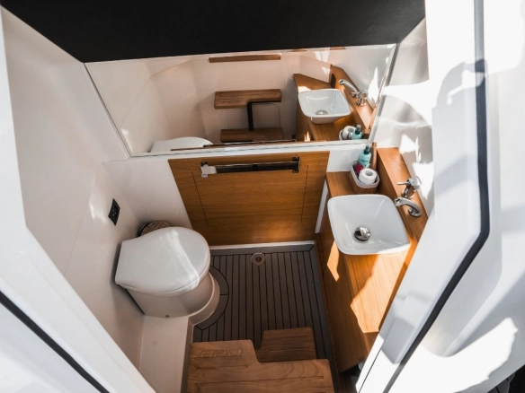 Bathroom of charter yacht De Antonio D28 Open in Mallorca.