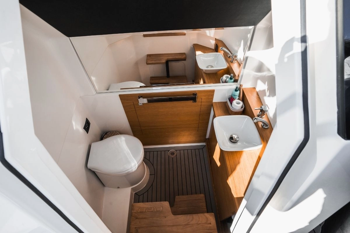 Bathroom of charter yacht De Antonio D28 Open in Mallorca.