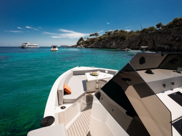 Bow of charter yacht De Antonio D28 Open in Mallorca.