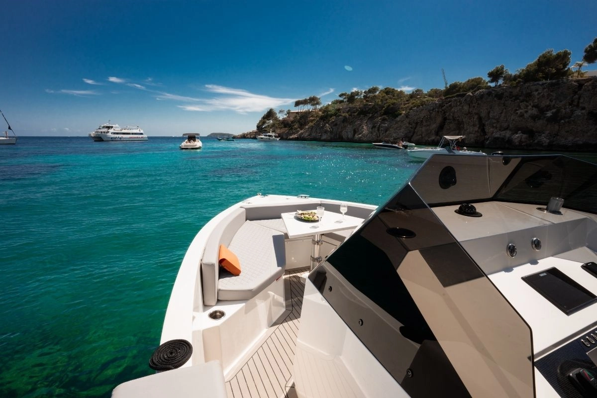 Bow of charter yacht De Antonio D28 Open in Mallorca.
