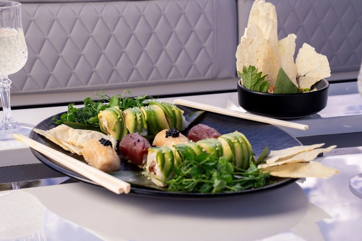 Sushi on charter yacht De Antonio D28 Open in Mallorca.