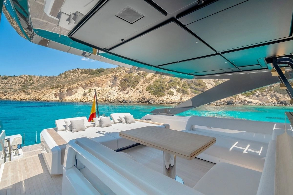Deck of charter yacht Bluegame 74 in Mallorca.