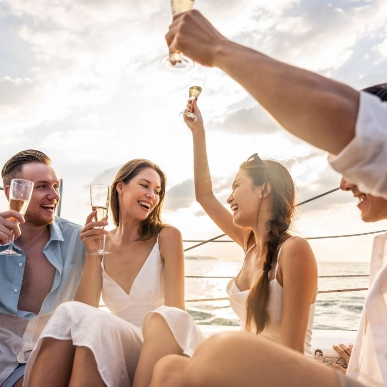 Group of friends on charter yacht.
