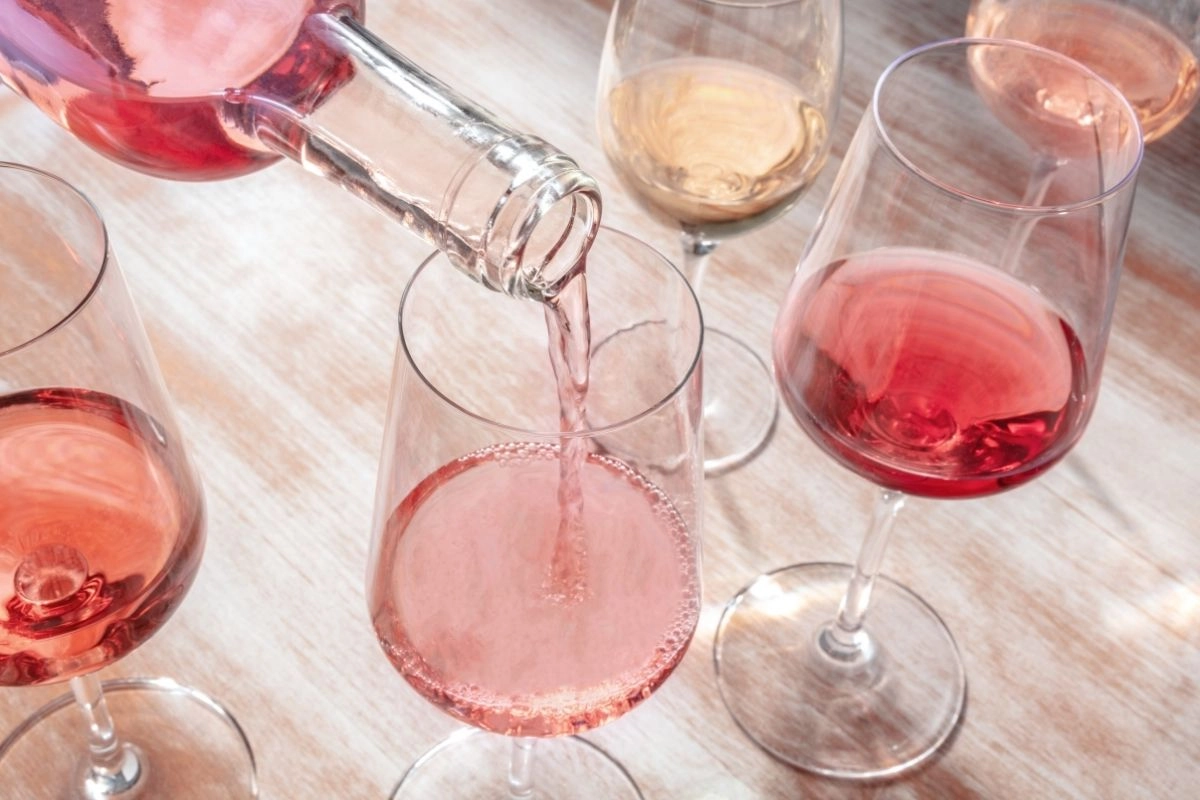 Selection of rosé wines at wine tasting.