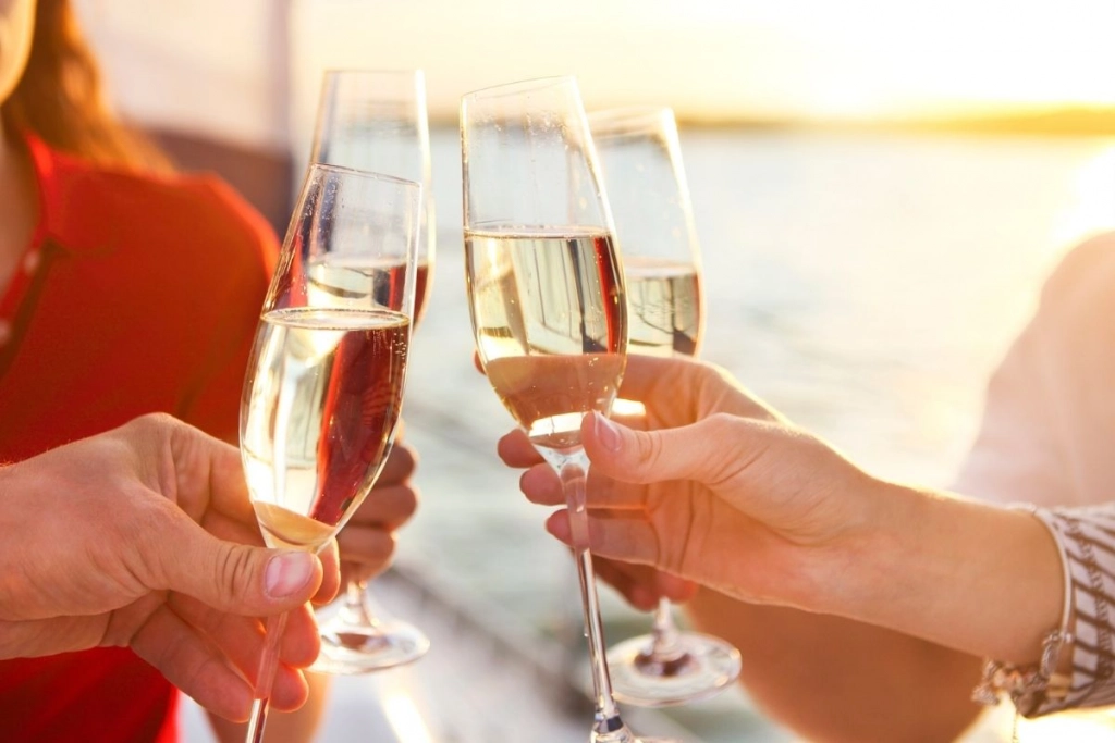 Group of friends with champagne glasses.