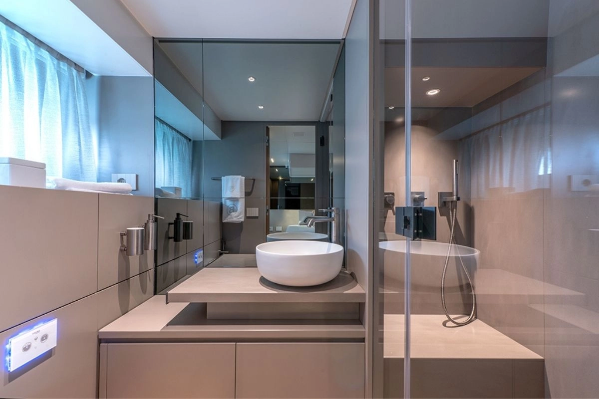 Bathroom of charter yacht Bluegame 54 in Mallorca.