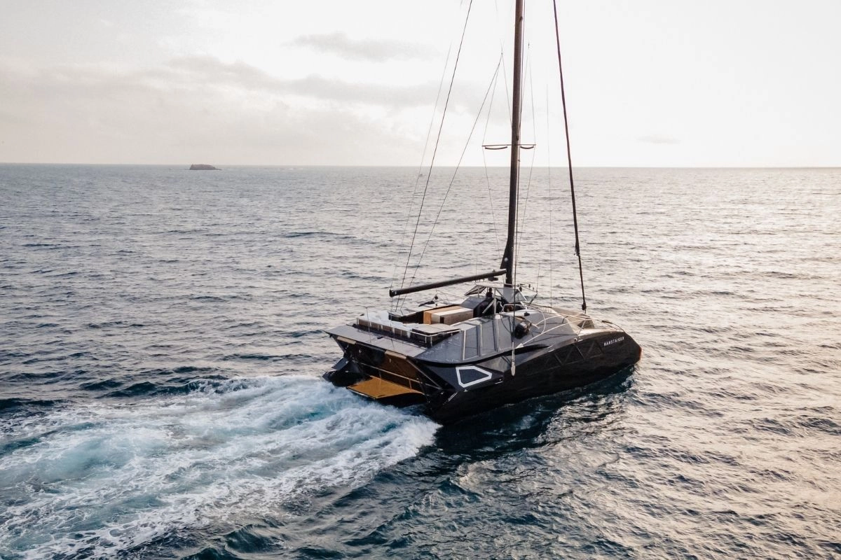 Trimaran Hanstaiger X1 cruising in the Mediterranean.