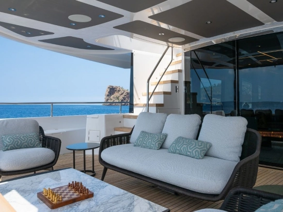 Outdoor lounge of charter yacht Sunseeker 88 Haley Jane.
